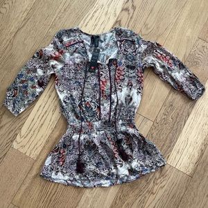 Fun & Flirt Boho Festival Paisley Tassle 3/4 Sleeve Cinched Waist Blouse  S